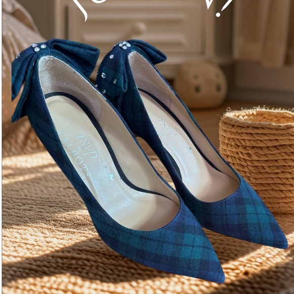 Talbots Plaid Bow Heels with Rhinestones - Picture 3 of 6